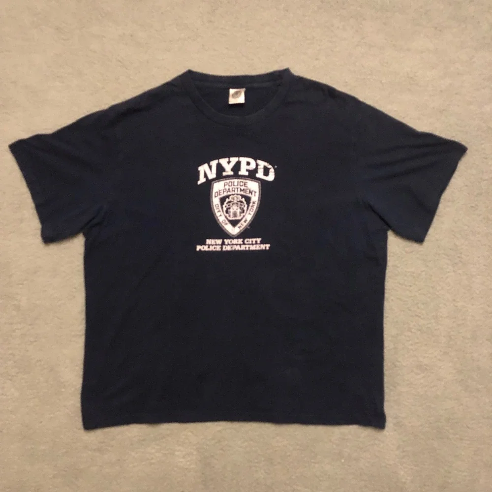 VTG NYPD New York City Police Dept Graphic Shirt Navy Blue Mens XL Distressed